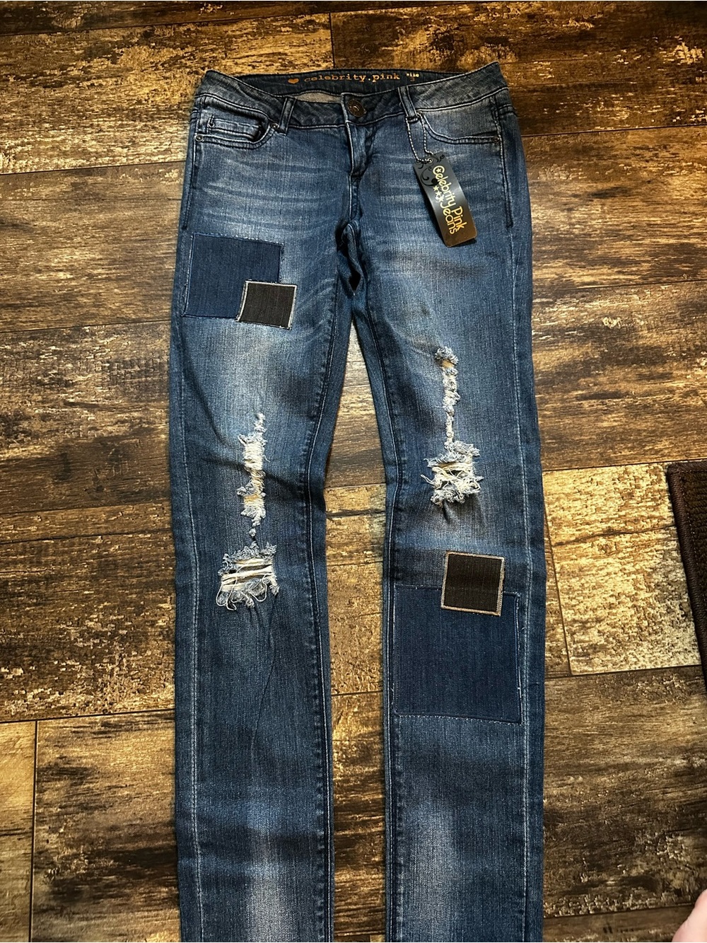 Celebrity Pink Women's Dark Blue Distressed Patch Skinny Jeans